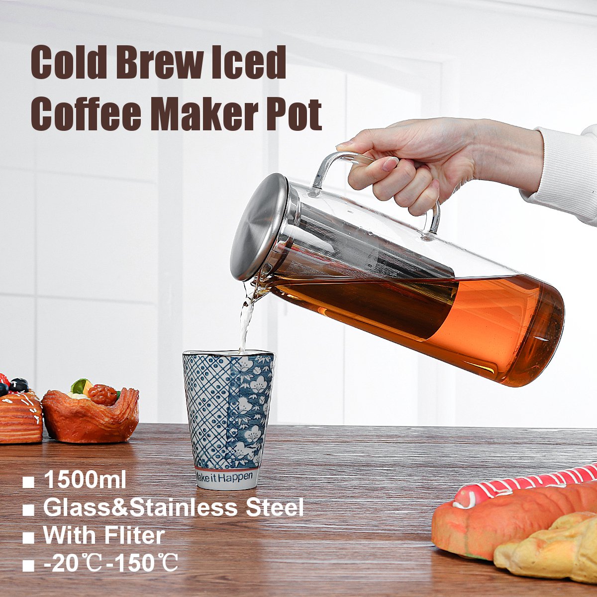 Cold Brew Coffee Pot Iced Coffee Maker Pot 1500ml Glass Tea Infuser Kettle Filter Cafe Drip Coffee Pot Coffee Kettle Drinkware