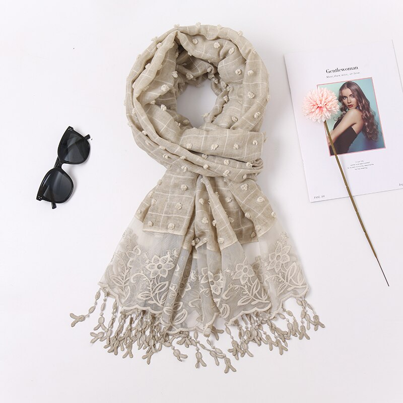 plaine Pom coton écharpe Plaid gland dentelle brodé coton foulards femmes musulman Hijab étoles femme bandeau à fleurs 1PC: 10