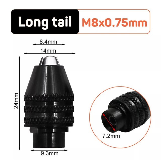 Mandrin de perceuse sans clé 0.3 – 6.5, Mini perceuse électrique auto-serrant, adaptateur de mandrin, fixation à pince, tige hexagonale de 1/4 pouces, convertisseur à changement rapide: Long tail M8x0.75mm