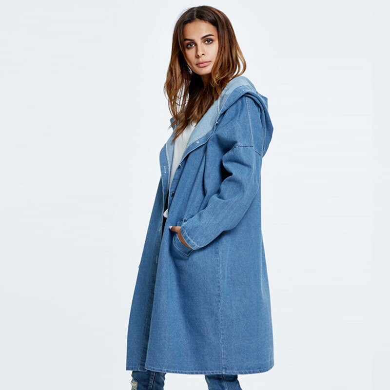 Gabardina vaquera de talla grande para mujer, abrigo largo de manga larga con capucha, rompevientos, básico, informal, primavera y otoño