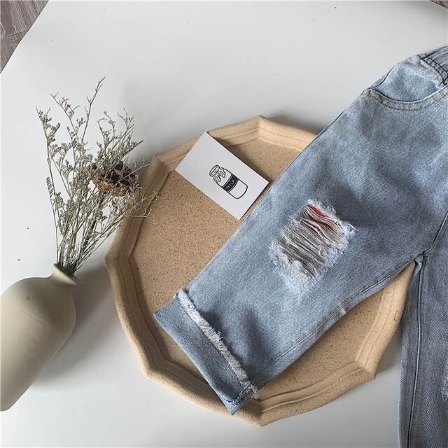 boys ripped jeans spring girls korean style Frilled denim pants 1-6 years kids trousers: 5T