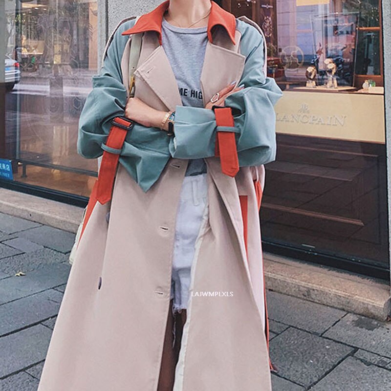 Korean Autumn Color Block Trench Coat Women Streetwear Camel Belt Pocket Coat Trench Duster Coat spring FY135