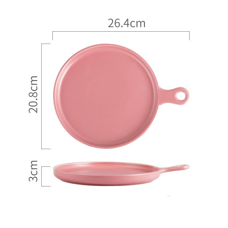 Ceramic Handle Baking Pan Pizza Baking Plate Western Steak Tray Dessert Tray Microwave Oven Flat Plate Kitchen Decor Dinnerware: Pink