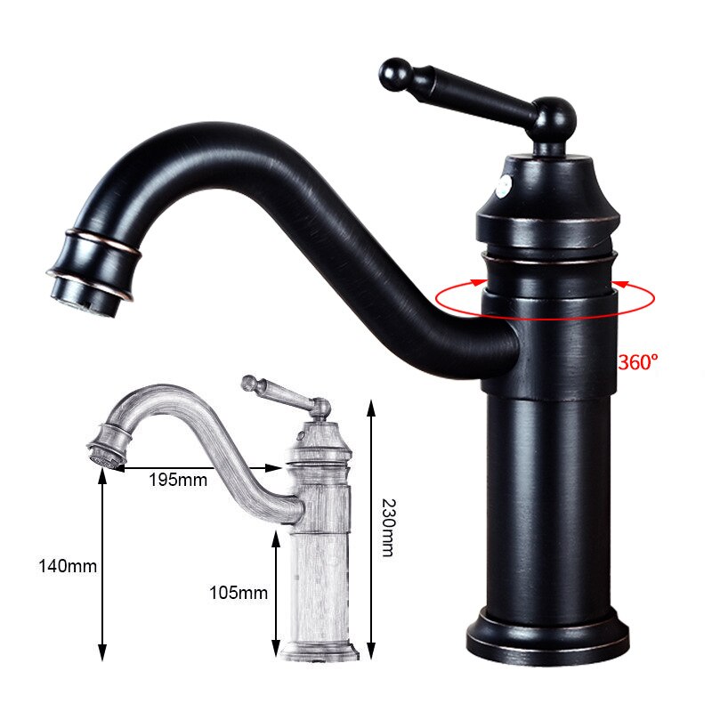 Grifo de lavabo de cobre antiguo, mezclador de agua de estilo clásico frío y , grifo montado en cubierta de un solo mango: Black-Short