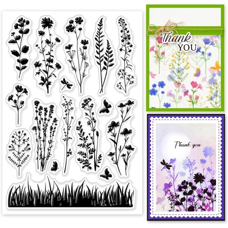 1 unidad de silueta de pradera de flores silvestres, sello transparente, flores Vintage, plantas, sellos de goma transparentes, sellos de silicona de 6,3x4,33 pulgadas