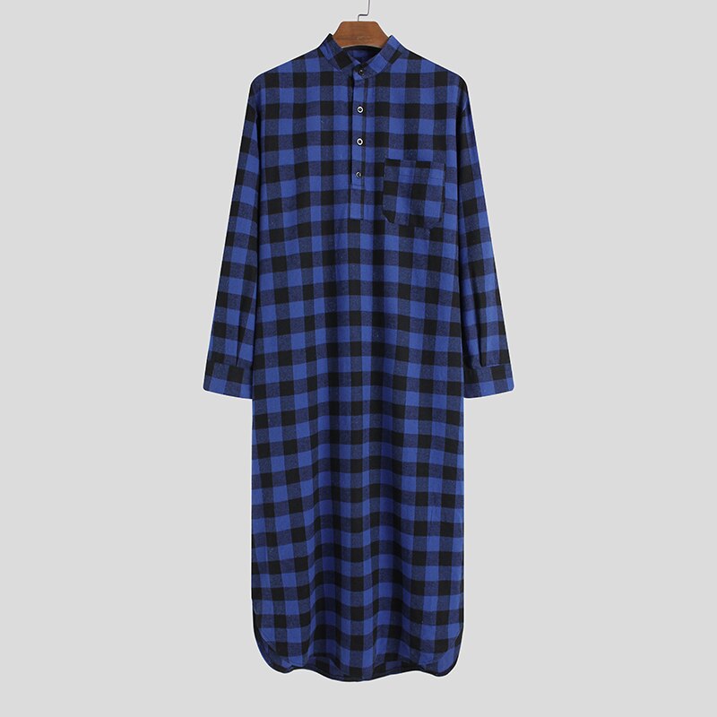 Man Loose Buttons Sleepwear Casual Lattice Homewear INCERUN Men Plaid Sleep Robes Long Sleeve Stand Collar Nightgown 5XL: M