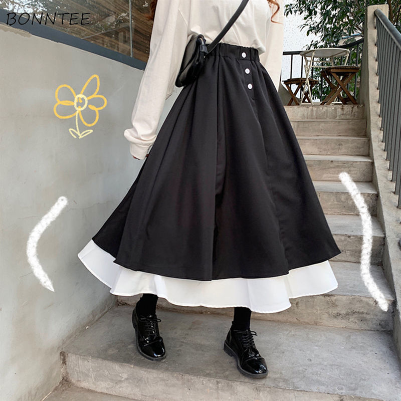 Saias femininas retrô com babados, saia chique coreana retrô com babados, outono e verão, saia básica adorável com patchwork, cintura elástica para mulheres