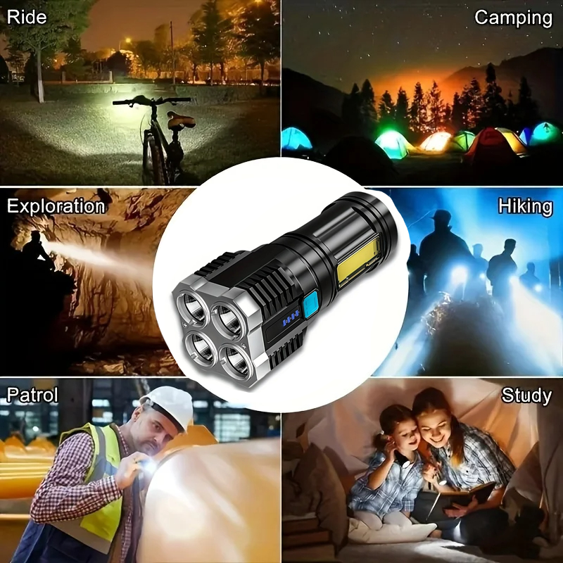 4 led-lommelykt bærbar kraftig lommelykt med cob-sidelys 4 moduser usb-oppladbar lommelykt campingverktøy søkelys