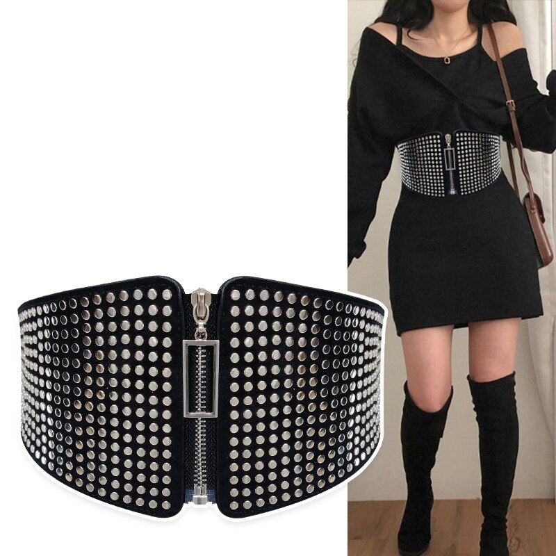 Wide Elastic Studded Belt Female Waist Goth Plus Size Stretch Cummerbunds Ladies Long Belts For Women Corset Waistband