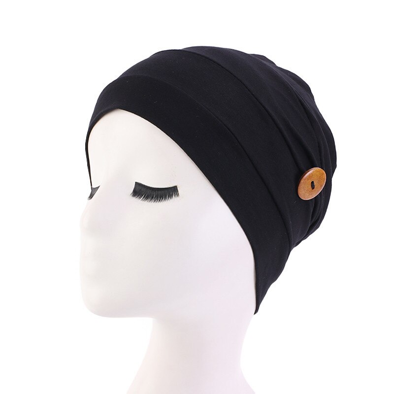 Tulband moslim effen kleur arabische wikkel tulbanden mutsen met knopen vrouwen hoofddoek binnen hijabs casual zomer: Zwart