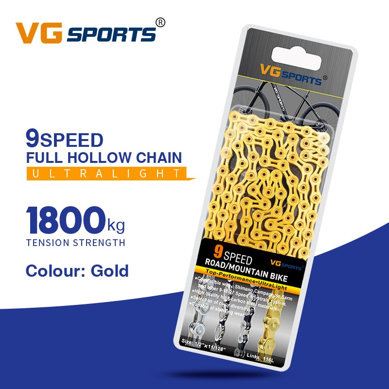 VG Sports 9 Speed Bicycle Chain Half/Full Hollow 116L Titanium Gold Silver Color with MissingLink MTB Mountain Road Bike Chains: 9s Full hollow gold