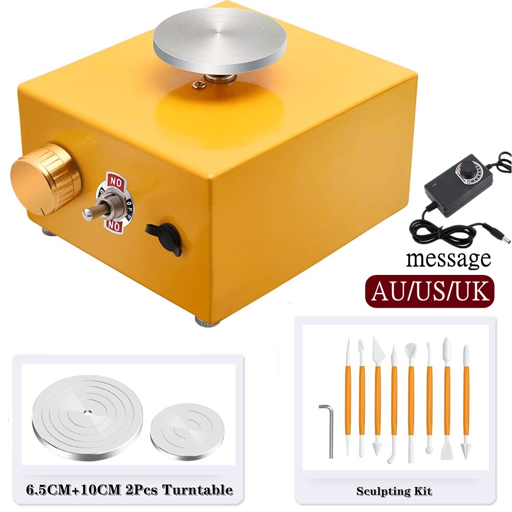 Mini máquina eléctrica de rueda de cerámica para manualidades, rueda de cerámica, herramientas de arcilla, tocadiscos con bandeja y Kit de escultura de 6,5 + 10CM: Yellow AU US UK