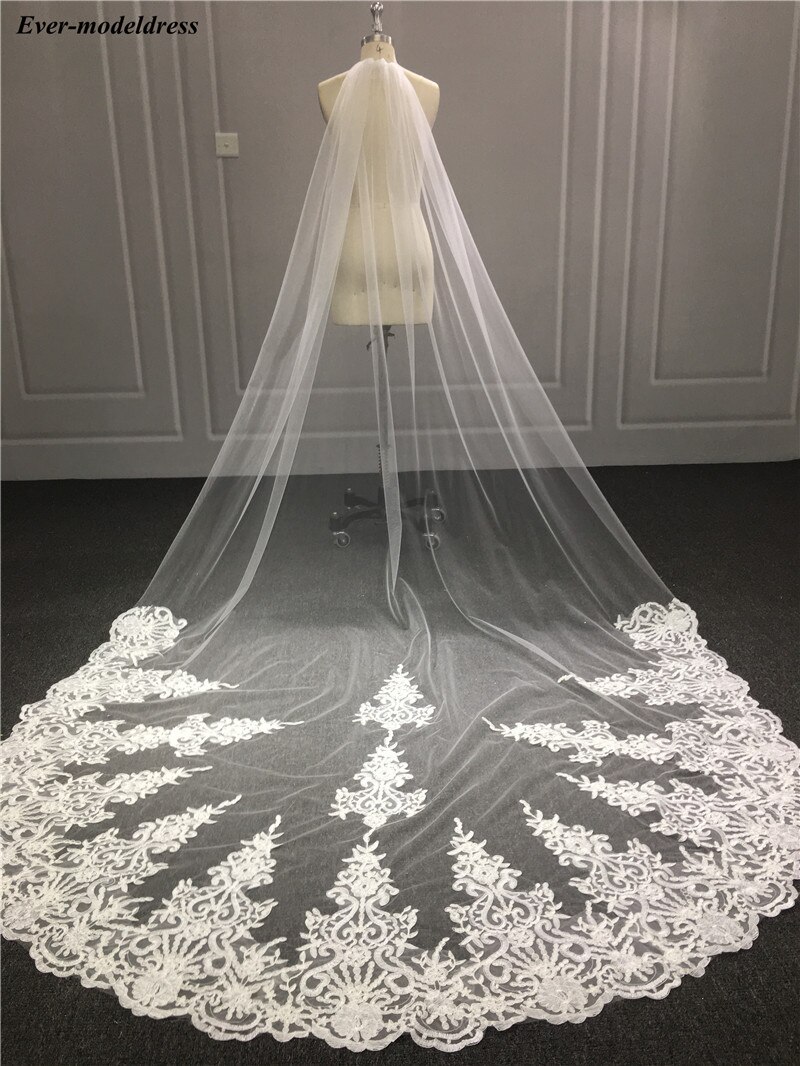Voiles de mariée avec peigne, Appliques en dentelle, une couche, Long pour mariée, en Tulle, doux, accessoires de mariage, bon marché,
