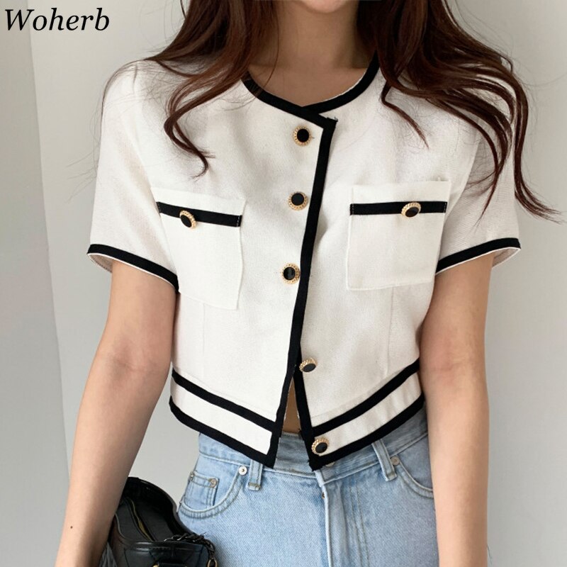 Woherb-Chaqueta para mujer ropa coreana con cuello redondo, abrigo de una botonadura, contraste de Color, fino corto, 92992