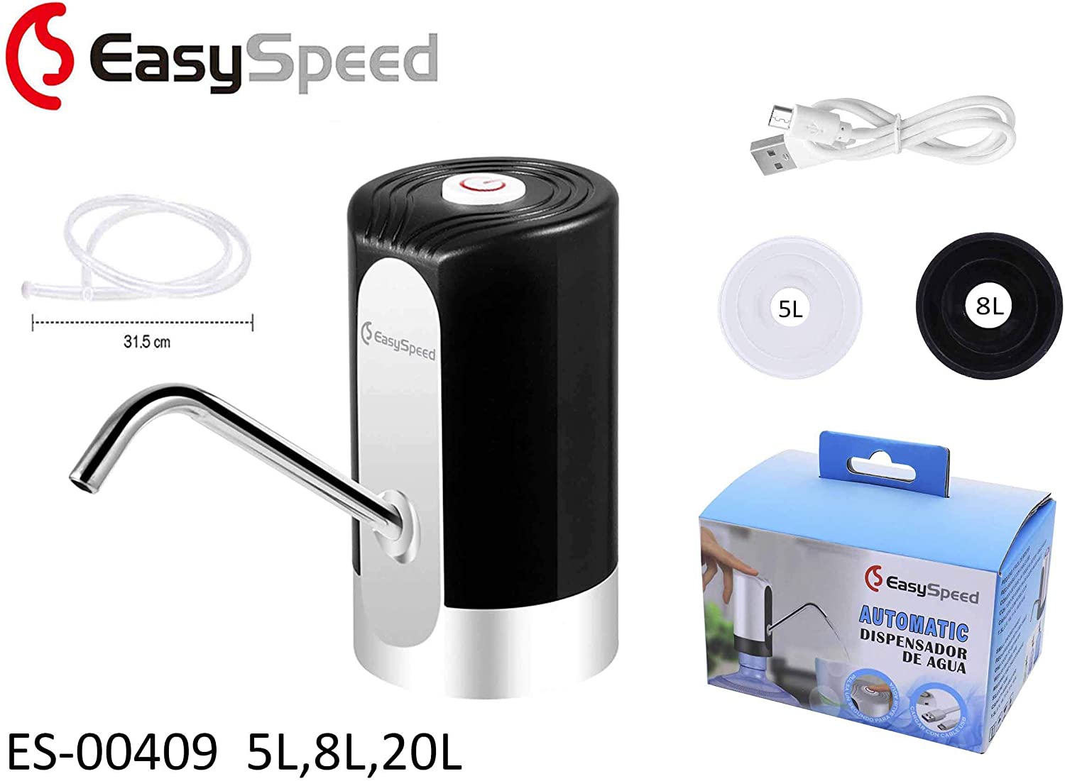 EASYSPEED, DISPENSADOR DE Agua con luz, ELECTRICO Y PORTATIL para BOTELLONES DE 5,8,10,12,13 Y 20 litros (Negro)
