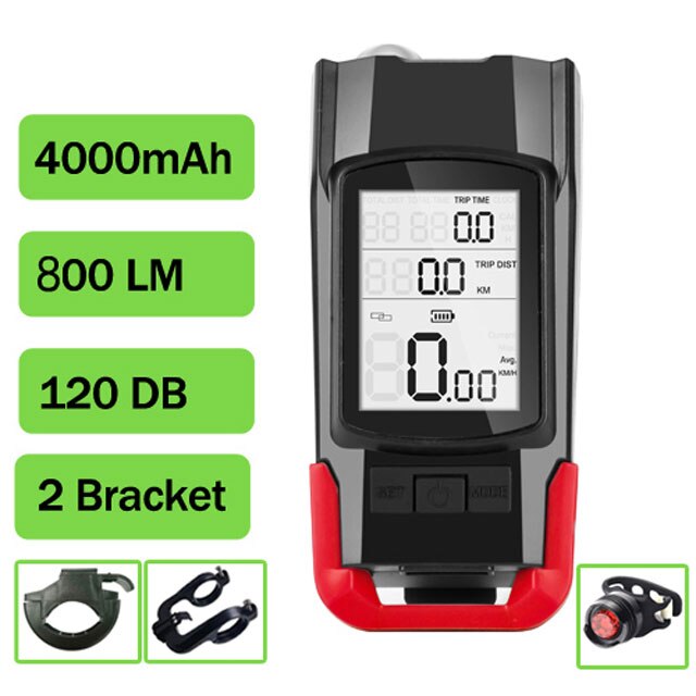 Impermeabile Della Bici Del Calcolatore Integrato 800LM Faro 120DB Corno Altoparlante 3 in 1 Senza Fili di Riciclaggio Della Bicicletta Tachimetro Dell'odometro Del Calcolatore: Red D1