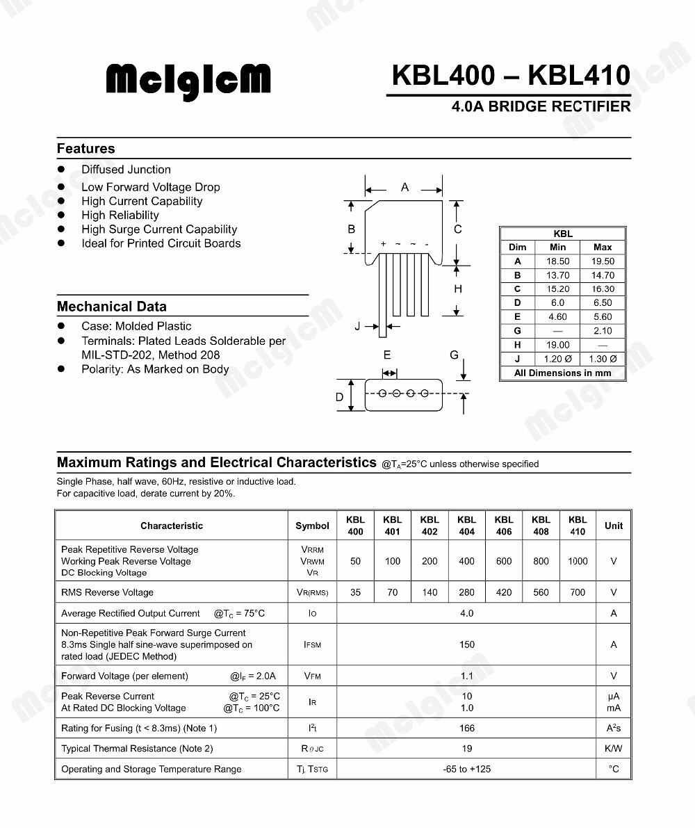 MCIGICM 10PCS 4A 600V diode bridge rectifier kbl406