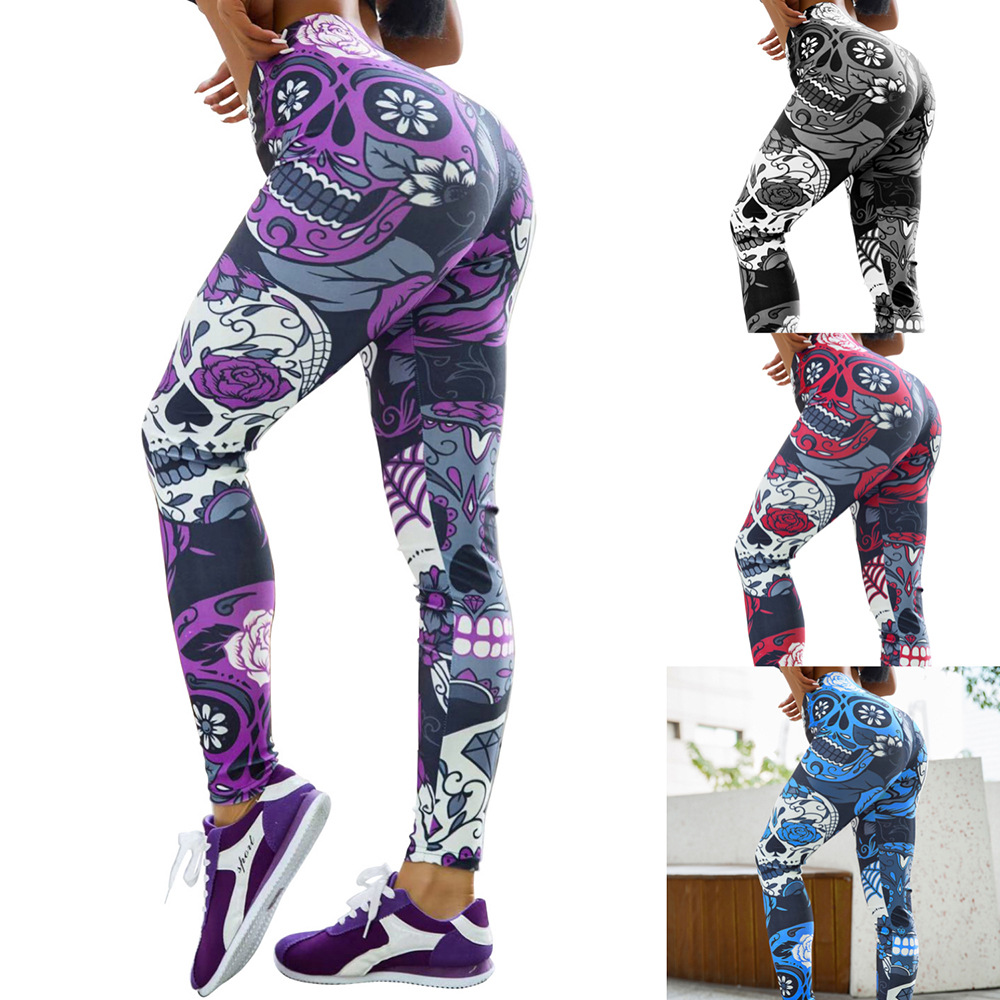 Jigerjoger Elastische Vrouwen Legging Schedel Gedrukt Spandex Oefening Strakke Broek Vrouwen Spoor Broek Gratis