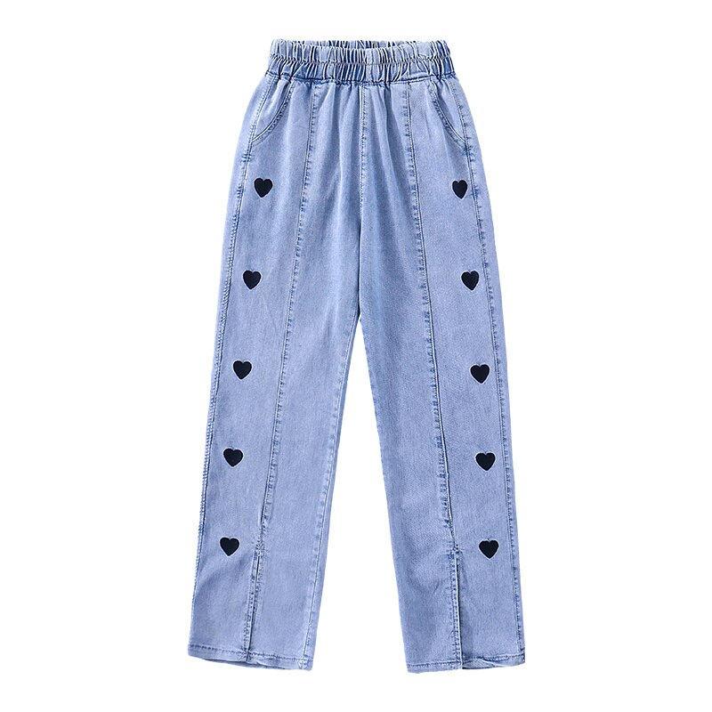 Zomer Meisjes Broek Dunne Jeans Liefde Hartvormige Borduurwerk Wijde Pijpen Jeans Split Lange Broek 4 5 6 7 8 9 10 11 12 13 Jaar Kinderen