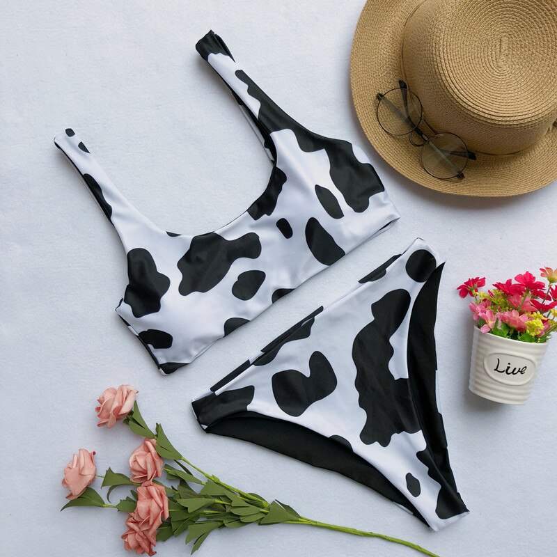 ZTVitality Women's Cow Print Bikini - Padded Mid Waist Brazilian Biquini Swimwear Set