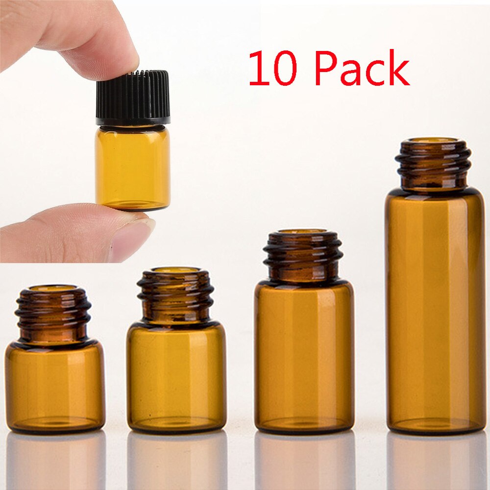 10PCS 1/2/3/5ml Glass Essential Oil Storage Bottle Vials Cosmetic Container Jar Orifice Brown Reducer & Cap Refillable Bottles