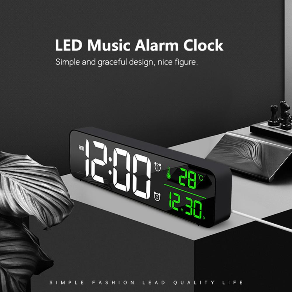 LED Digital Display Alarm Clock Large Screen Luminous Desktop Timer Temperature Display Alarm Clock w/Music Digital Clocks