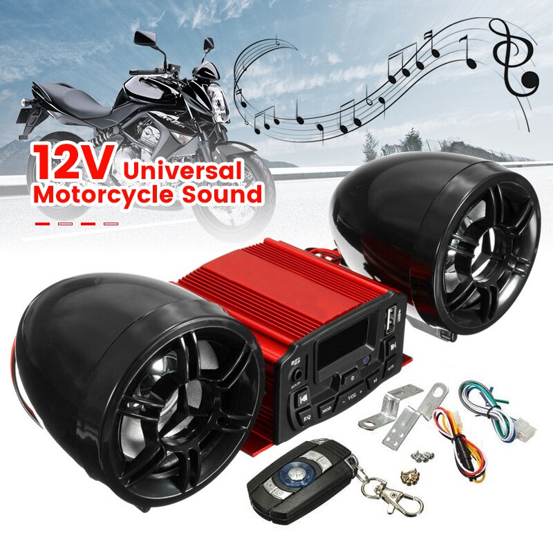 12V Motorcycle Bluetooth Audio Remote Control Stereo 2 Speakers Waterproof FM Radio Motorcycle Red Sound System SD USB MP3