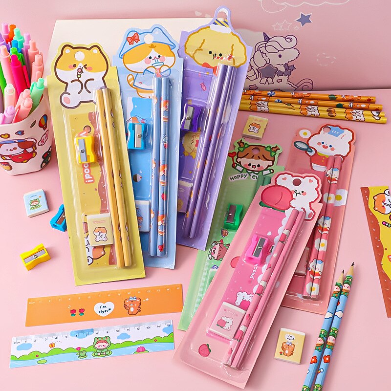 5 In 1 Cartoon Stationery Set Students Learn Pencil Sharpener Eraser Ruler School Drawing Tool Sketch Supplies Kindergarten