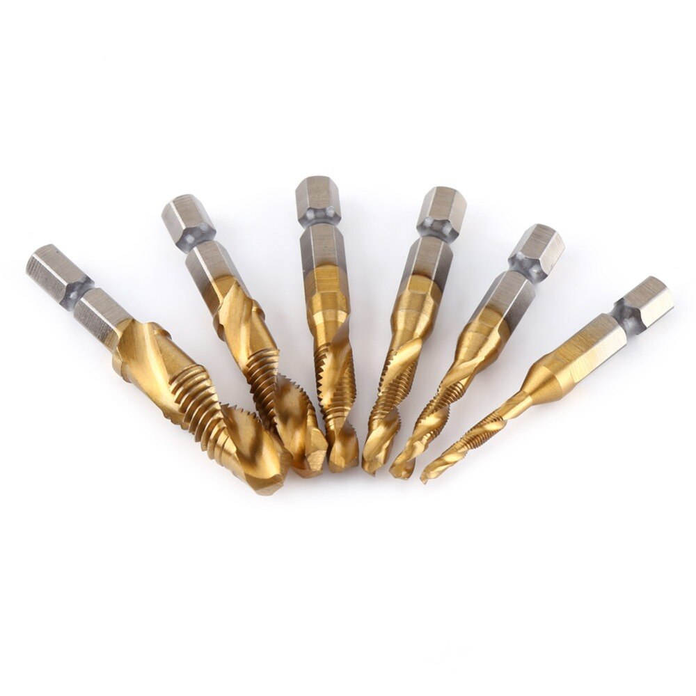 6pcs Drill Bit Metric Thread M3-M10 Titanium Coated HSS Drill and Tap 1/4" Hex Shank metaal boor broca quadrada foret conique