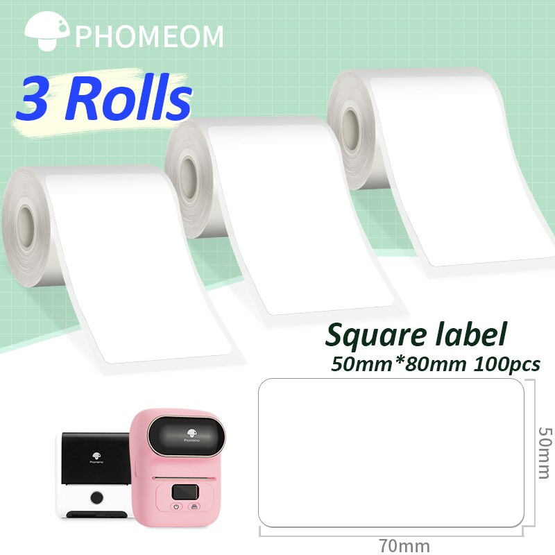 690Pcs 3 Rolls Label Sticker Voor Phomemo M110 M200 Zelfklevende Direct Thermische Etiketten Printer Waterdichte Label Papier 40x30mm: 50x80mm-100x3