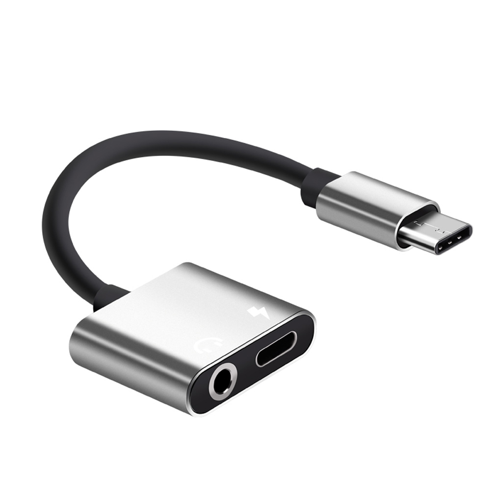 Adaptador de carga para auriculares, Cable 2 en 1 Tipo C a conector de 3,5mm, Audio Aux, USB C: Plata