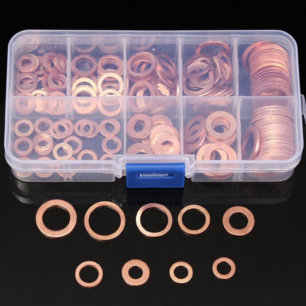 200Pcs M5-M14 Assorted Solid Copper Gasket Washer Seal Flat Ring High Performance Oil Blocking O-ring Combination