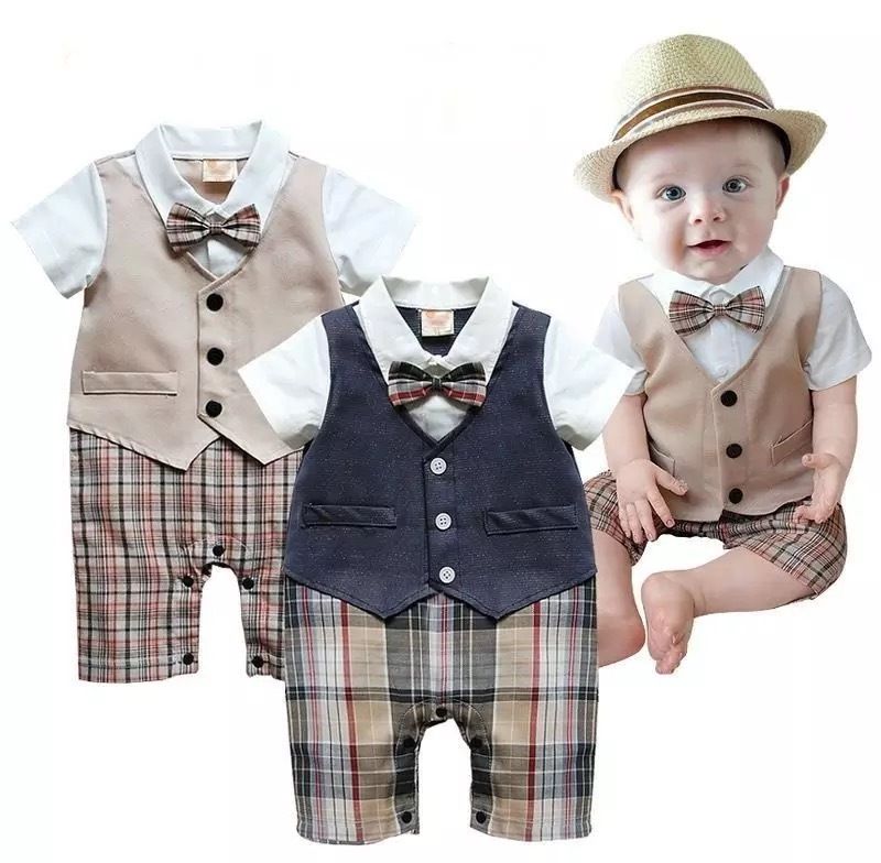 Mode Plaid Katoen Pasgeboren Kid Baby Boy Baby Outfits Jumpsuit Rompertjes Gentleman Set