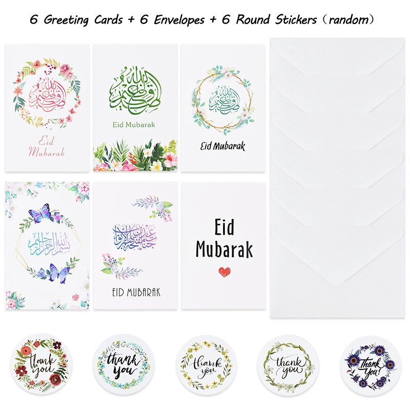 Tarjetas de Felicitación de papel Eid Mubarak con pegatina de sobre, carta de invitación, papel musulmán para de Ramadán, suministros escolares de oficina, 6 piezas: B08