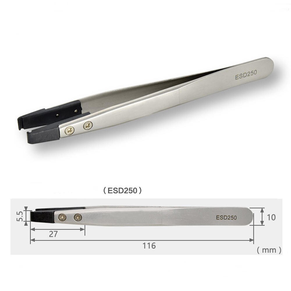 1pcs ESD Anti-Static Tweezers With Replaceable Tips Full Stainless Steel Body Carbon Fiber Conductive Plastic: ESD-250