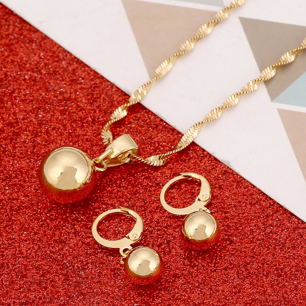 Gold Color Plain Bead Jewelry Round Pendant Chain Necklace Ball Earrings Pendant Women Jewelry Set