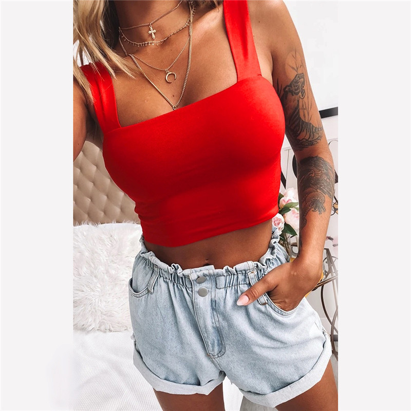 Ærmeløs sommer crop top med firkantet hals, hvid, sort, afslappet basis t-shirt med off-shoulder-effekt, sexet, rygløs tanktop: L / Rød
