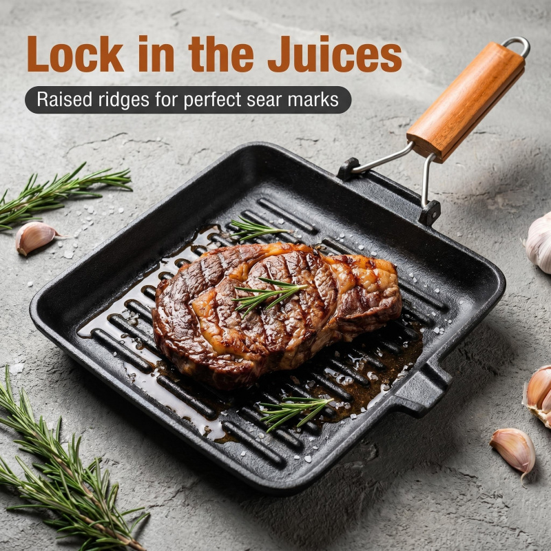 Square and round grilling pans for induction cookers, universal use Cast iron skillet Foldable wooden handle Striped Noodle Sou