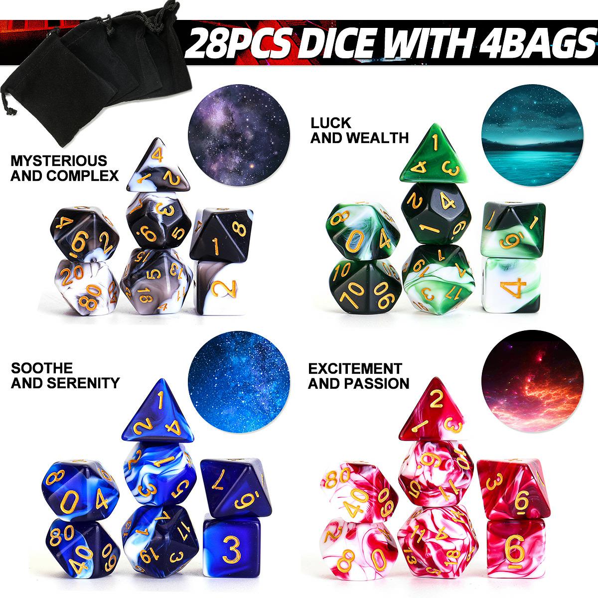 28 pièces/ensemble dés polyèdres Kit de dés avec pochette sac noir pour jeux D20 D12 D10 D8 D6 D4