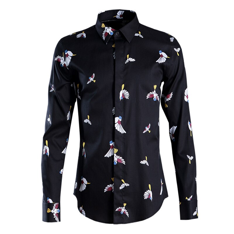Camisa con estampado de pájaro para hombre, ropa de algodón de manga larga, ajustada, informal, de talla grande, nueva , a la ,