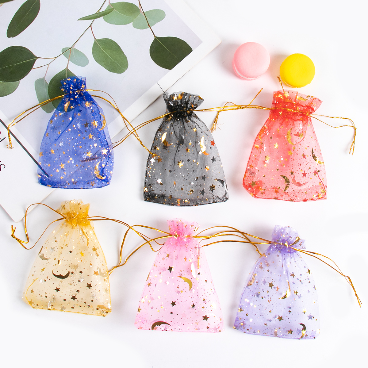 50pcs Star Moon Drawstring Organza Sack Bags Eid Mubarak Wedding Party decoration Candy Packing Bag Jewelry Pouch
