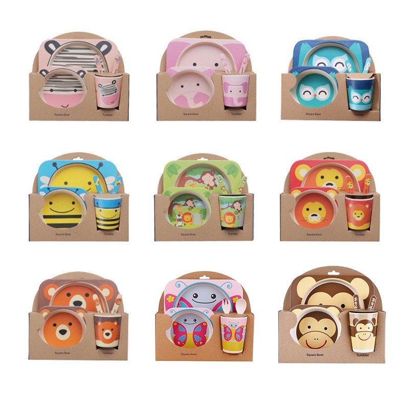 Imebaby5 pièce ensemble bambou vaisselle bambou bol bébé alimentation plaque créative dessin animé enfants bol/tasse/fourchette cuillère coffret