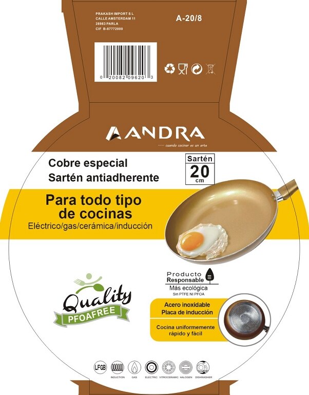 ANDRA - Sartén Cobre 20CM Mango de Plástico Anti-Adherente, Ecológica sin PTFE ni PFOA SARTENES OLLAS DURADERO COBRE