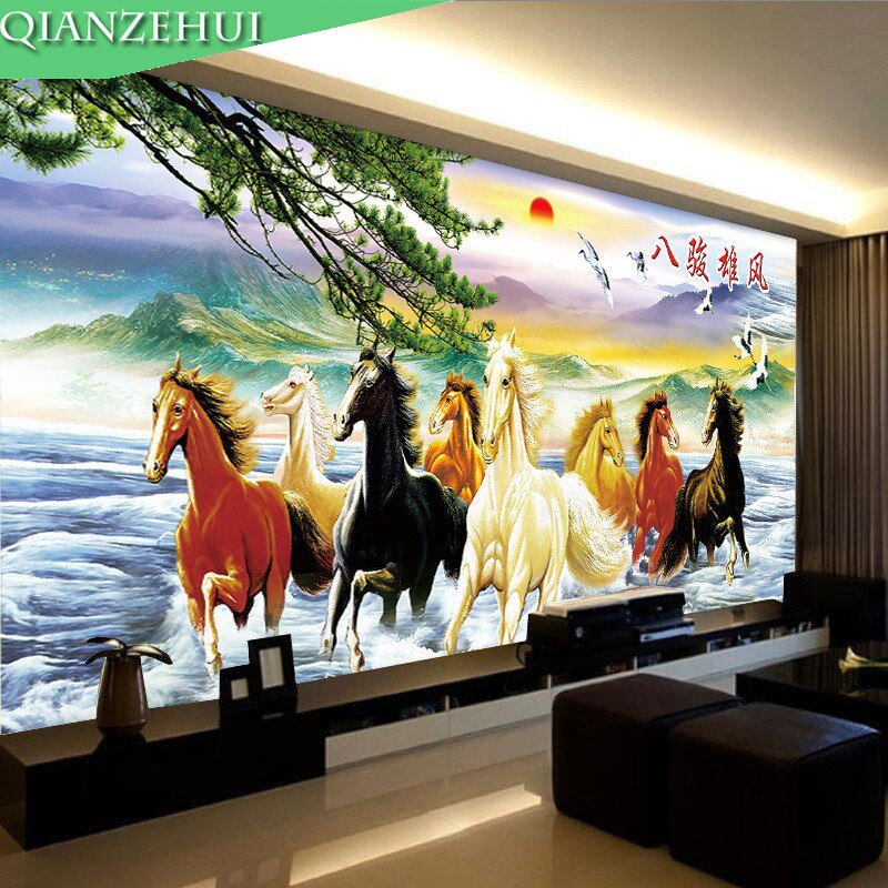 Qianzehui, Handwerk, Diy Acht Paarden Kruissteek, Landschap Schilderen Acht Paarden Kruissteek, sets Voor Borduurpakketten