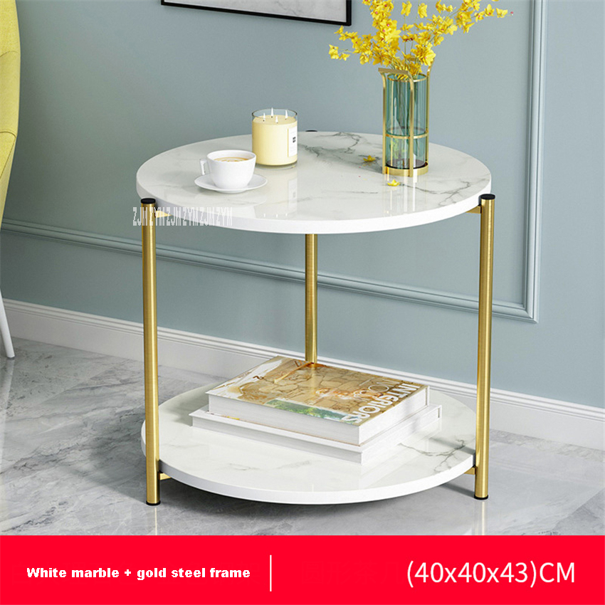 H88 pequeña mesa redonda de té de hierro, sofá Simple y moderno de doble capa, mesa de salón lateral, pequeña mesa de centro cuadrada de almacenamiento: round White marble