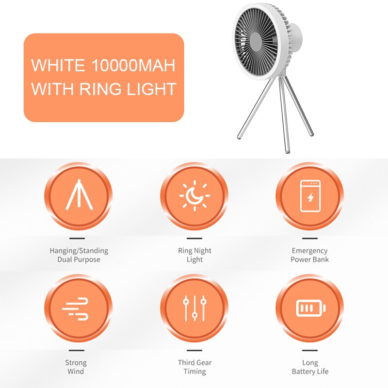 Multifunction Home Appliances USB Chargeable Desk Tripod Stand Air Cooling Fan with Night Light Outdoor Camping Ceiling Fan: 10000mAh White