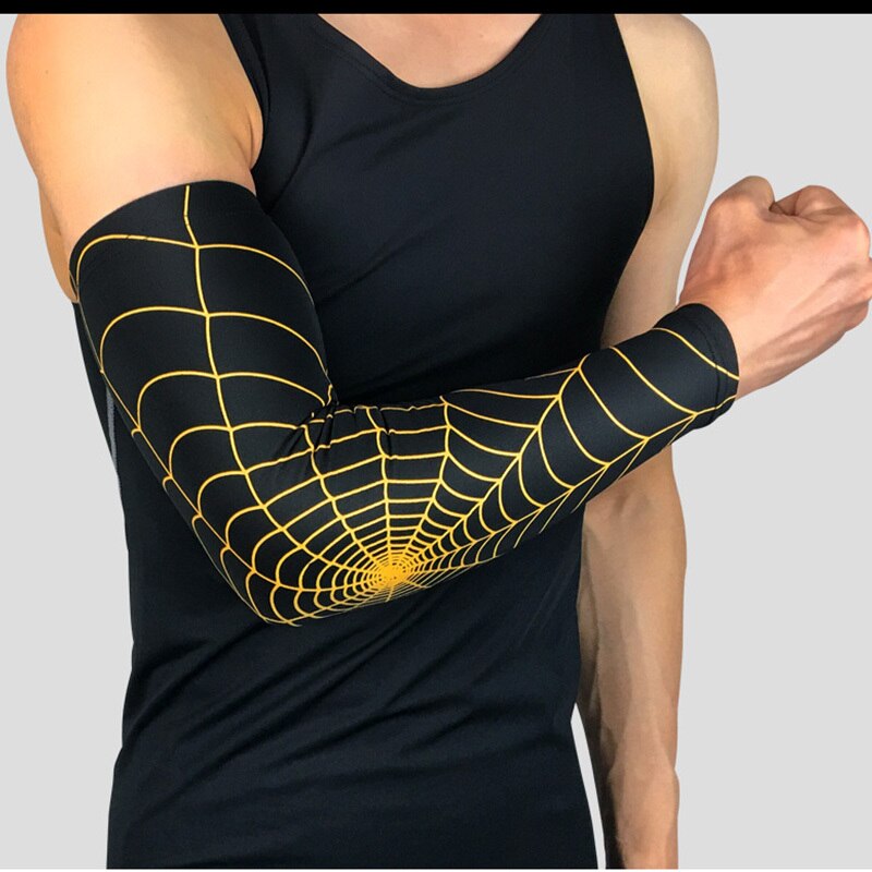 Outdoor Sport Basketball Spider Web Armguards Gym Fitness Arm Protector Elastic Sleeve Breathable Antislip Joint Elbow Pad Men: Black Gold / M