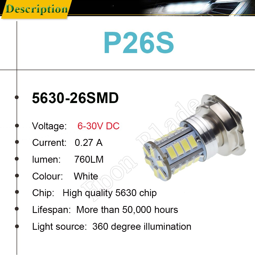 1Pcs P26S Motorfiets Led Koplamp 26SMD Scooter Bromfiets Lamp 6V 12V 24V 30V Wit Licht 3.5W Atv Motor Motor Head Lamp 6000K