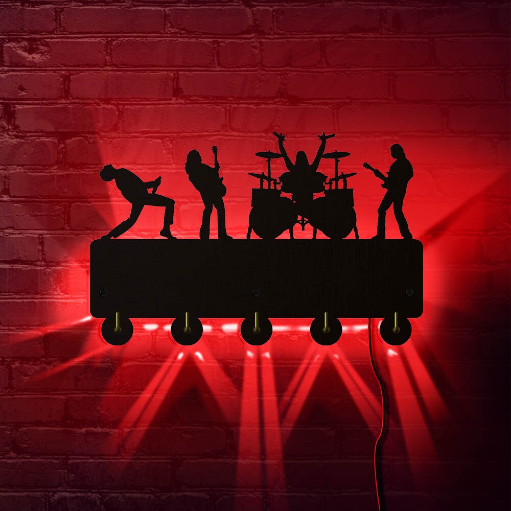 Rock Band Live Opknoping Sleutel Rack Met 5 Haken Muziek Band Lichtgevende Sleutelhanger Houder Organizer Voor Entryway Rock Music Lover