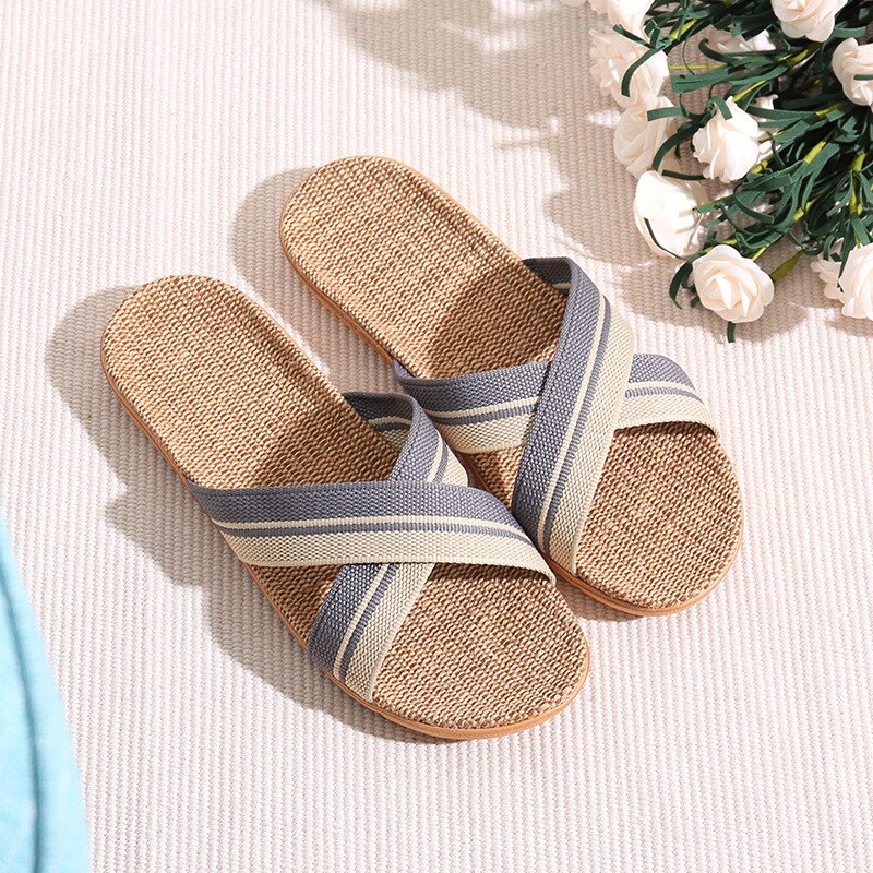 Men Slippers Sandals Flip Flops Summer Breathable Hemp Non-slip Shoes Man Home Slides Striped Casual Female